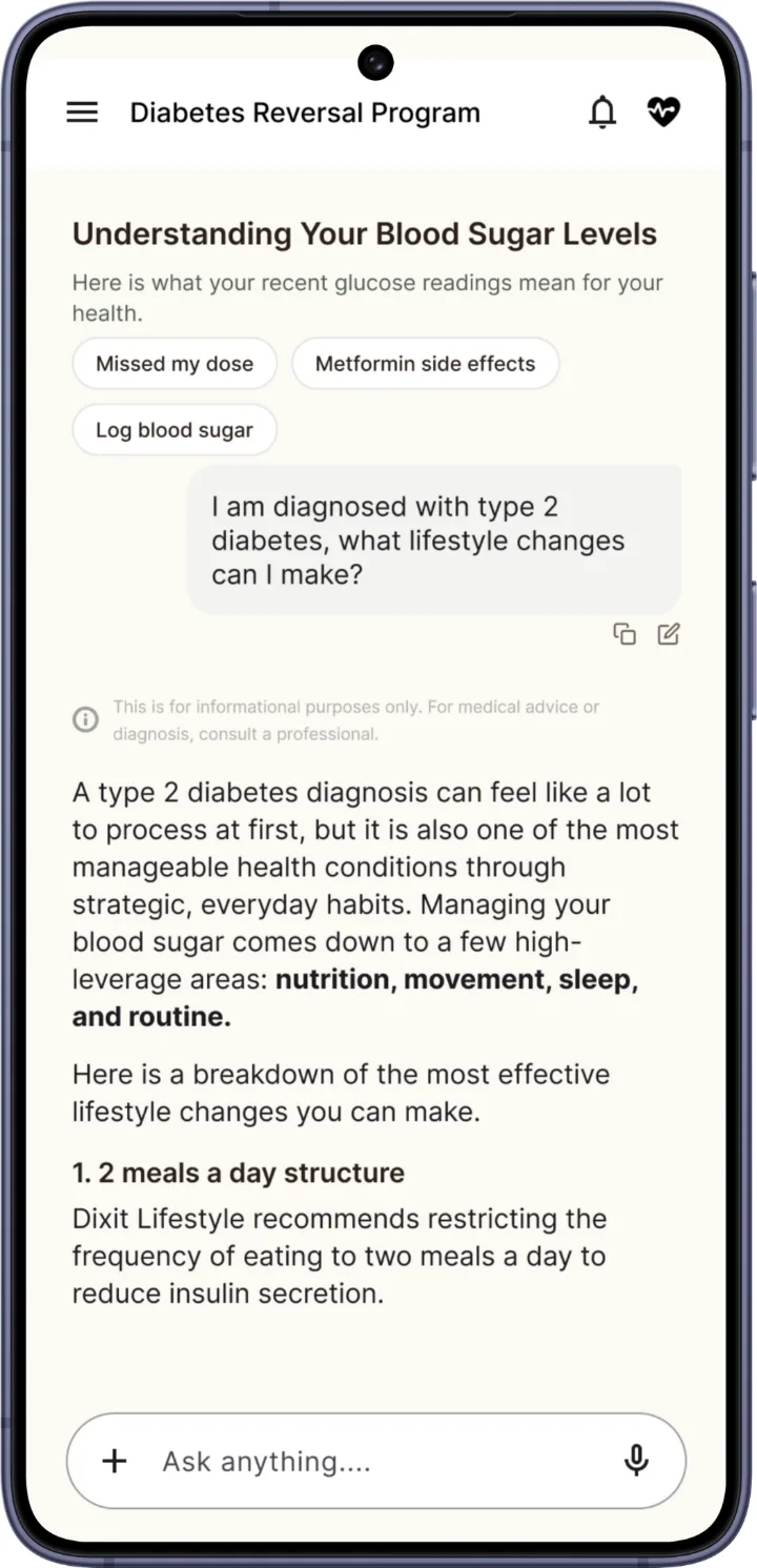 The in-app assistant answering a patient's question about lifestyle changes for type 2 diabetes, with a note that it is not medical advice.